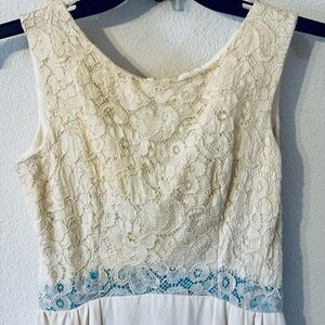 1950/1960s lace and silk fully lined. wedding Dress? with Blue Accent handmade.